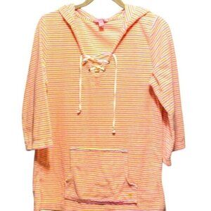Lilly Pulitzer Striped Lace-Up Hoodie Top S Pink/Yellow Cotton Blend 3/4 Sleeve